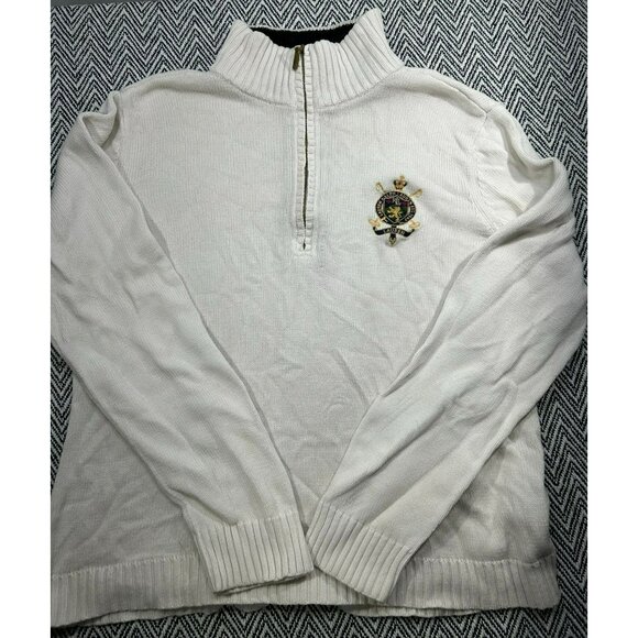Lauren Ralph Lauren Other - Lauren Ralph Lauren White Crest Embroidered Half-Zip Sweater XL 100% Cotton Clas
